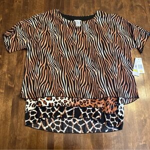New Multiples Safari Blouse Sz M Layered Short Sleeve Animal Lined Safari Office